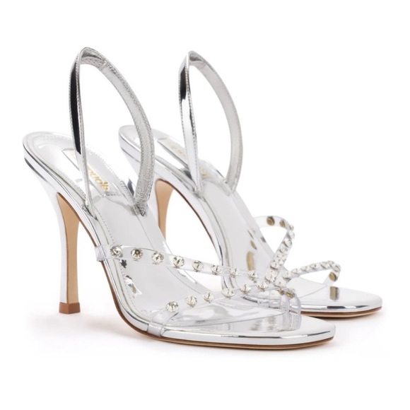 New Larroude Annie Sandal in Silver Specchio with Swarovski Crystals Sz 9 heels - Picture 1 of 13